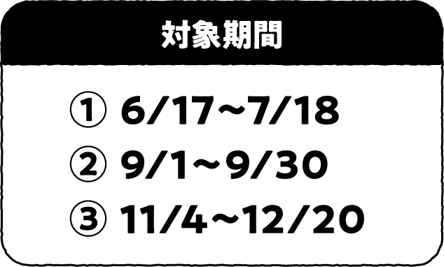 対象期間①6/17～7/18 ②9/1～9/30 ③11/4～12/20